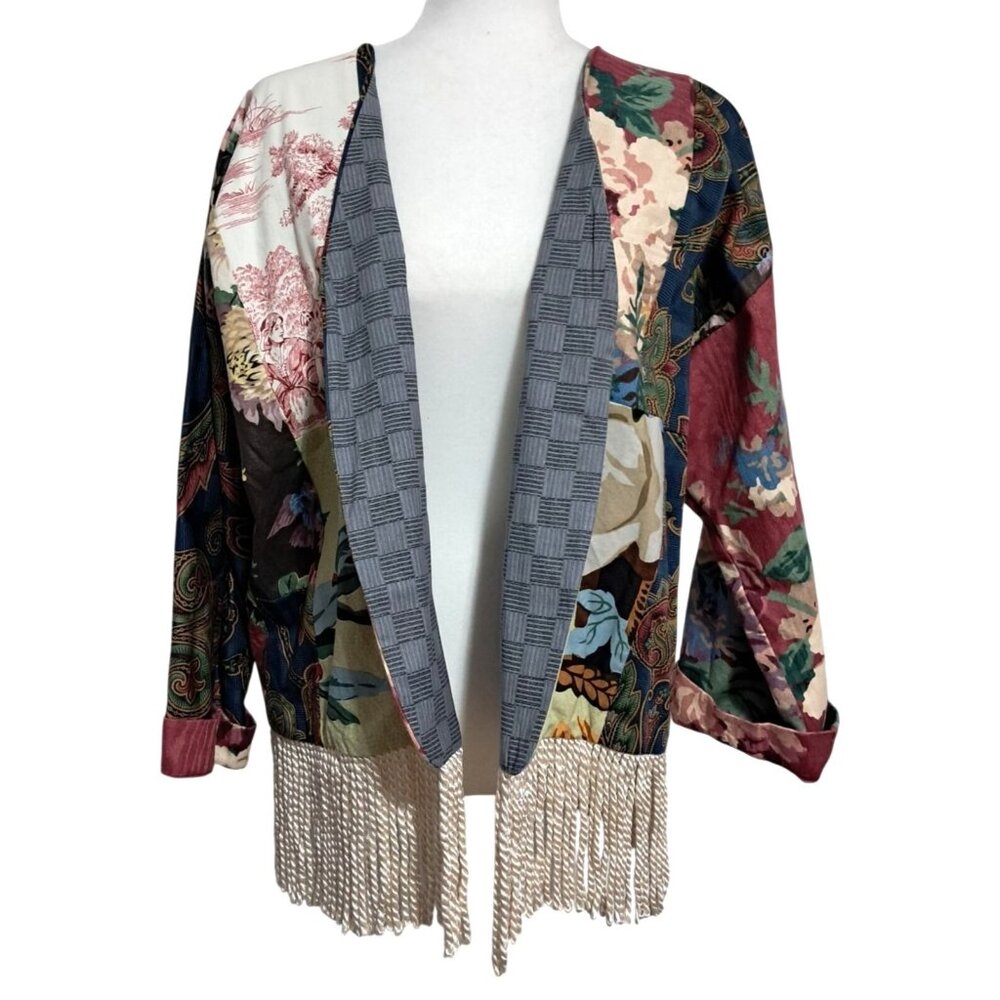 Vintage Boho Patchwork Fringe Floral Kimono Jacket Multicolor Artsy Toile Paisle